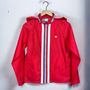 ROXY Quiksilver Red Striped Long Sleeve Windbreaker Jacket w/ Packable Hood Sz S